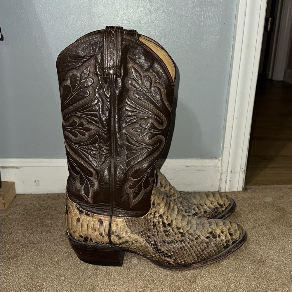 Tony Lama Brown Leather Snakeskin Cowboy Boots